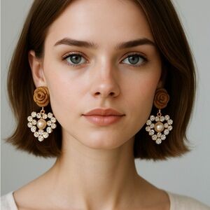 Fabric Flower Heart Rhinestone Statement Drop Earrings